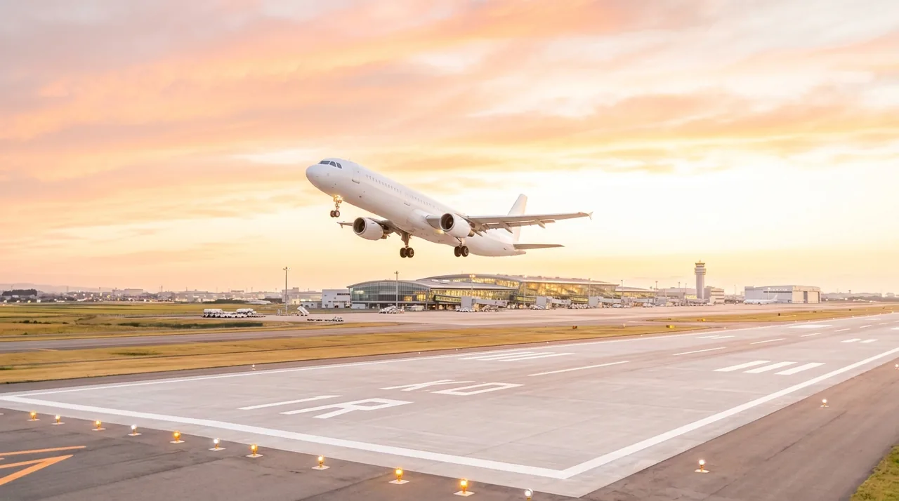 夕暮れの滑走路と離陸機（CTAバンド背景）の写真